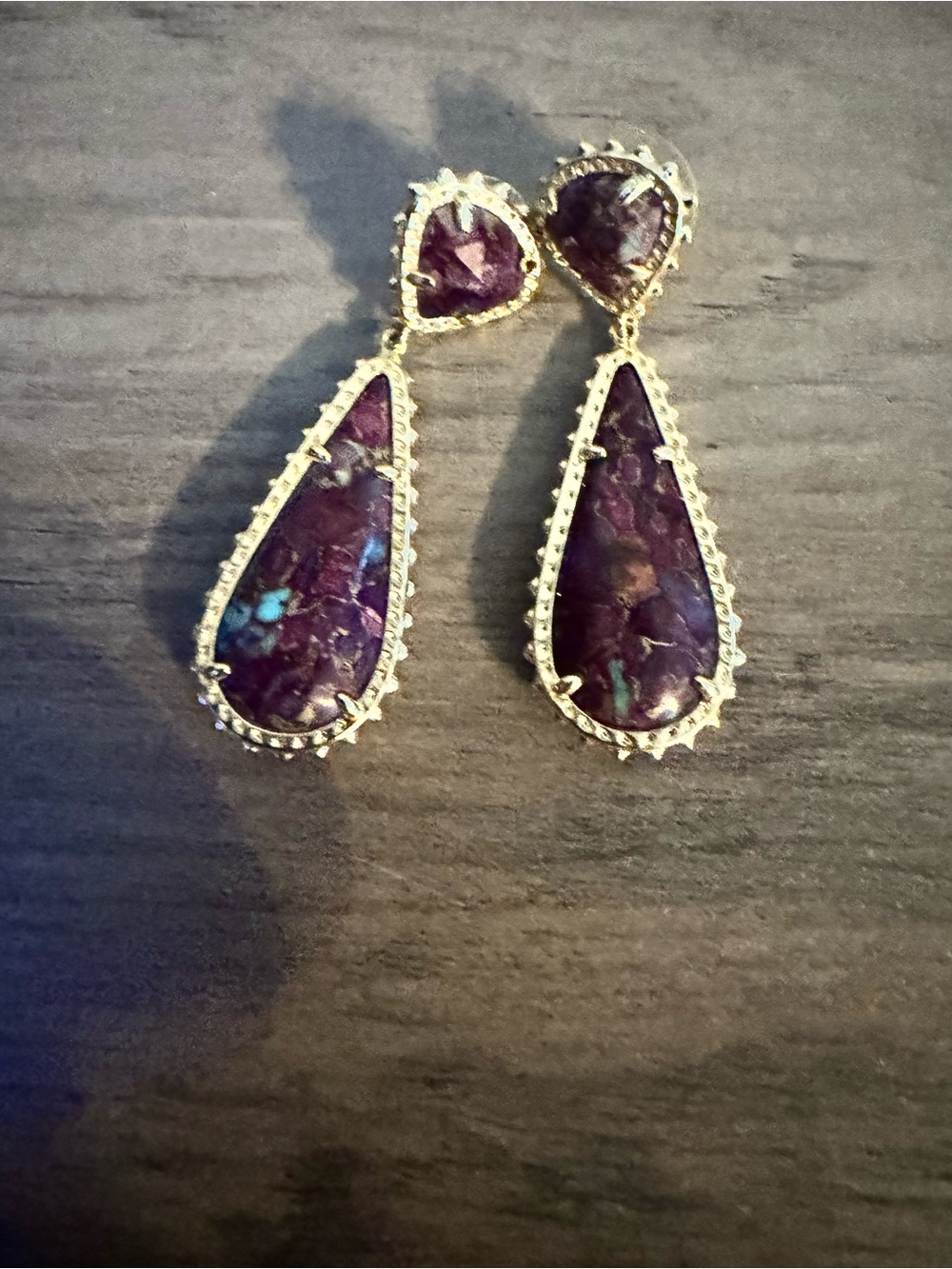 Kendra Scott Purple Turquoise Vein Teardrop Gold Dangle Earrings